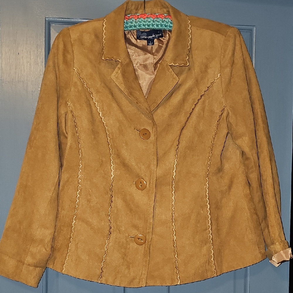Susan Graver Brown Blazer Jacket Lined Scalloped Bohemian Retro Ribbon Small